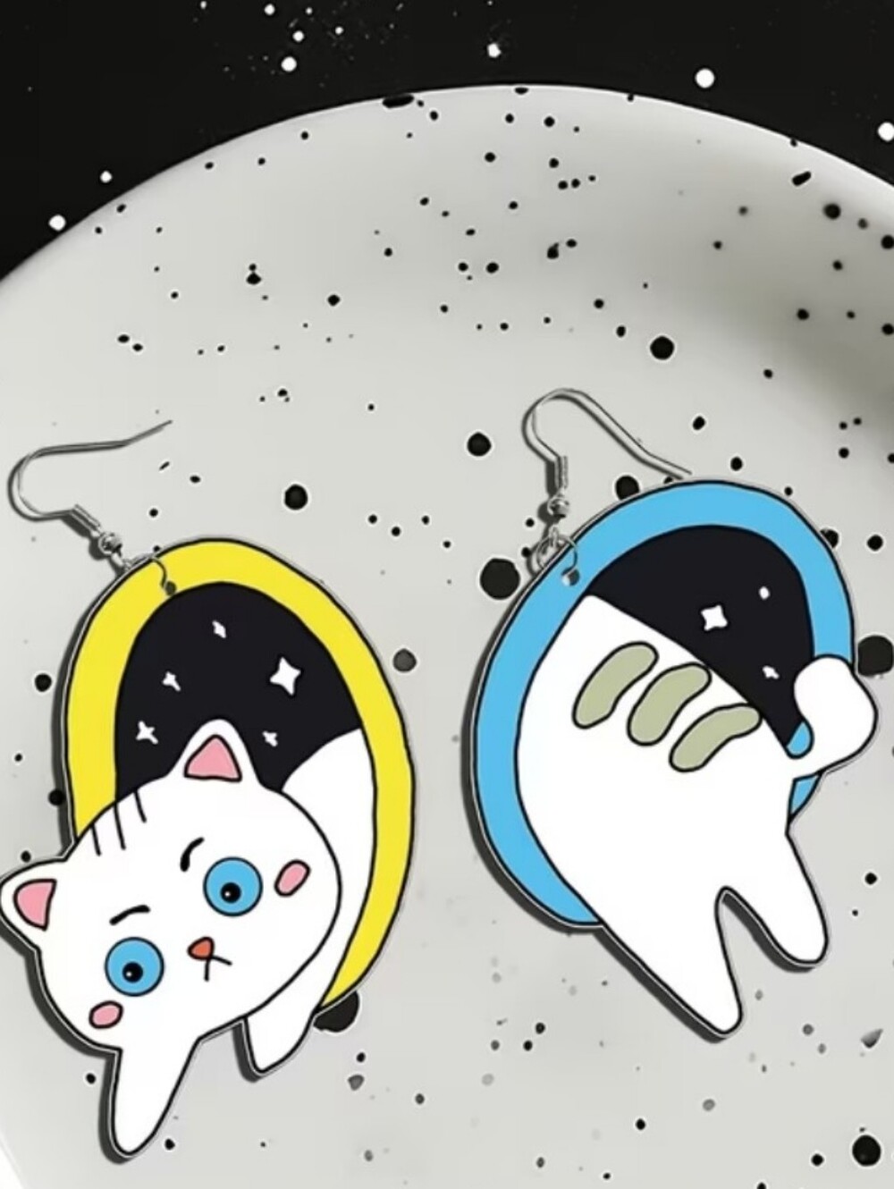 Cute Cat Space Portal Dangle Drop Earrings - Yellow & Blue New